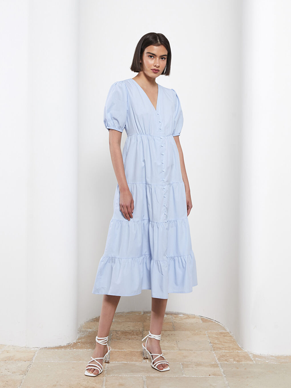 Robe Femme Popeline Coupe Droite Col V Manches Courtes