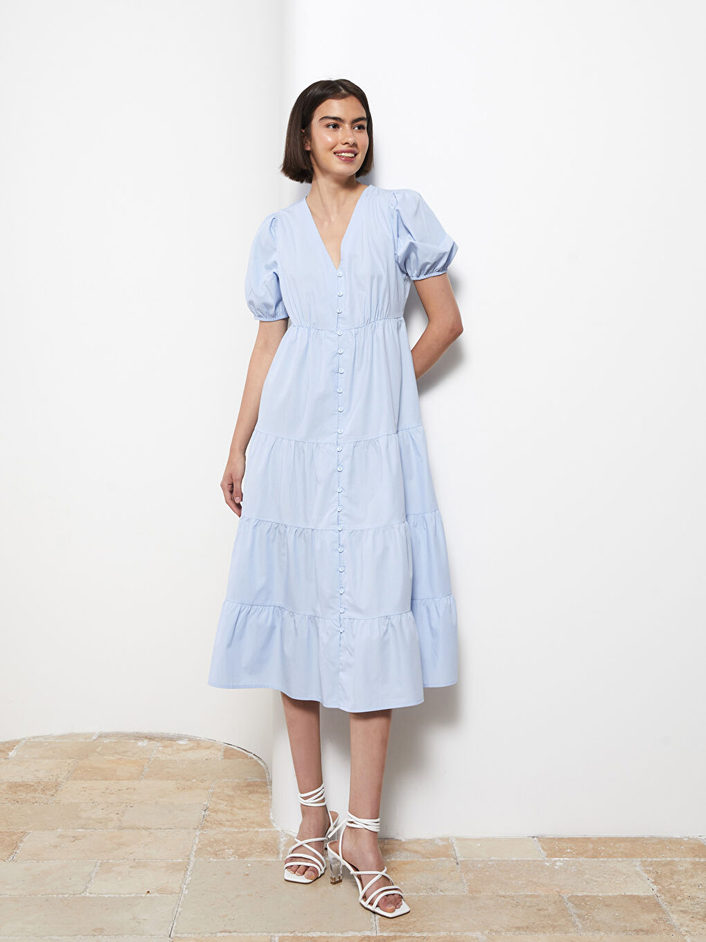 Robe Femme Popeline Coupe Droite Col V Manches Courtes-1