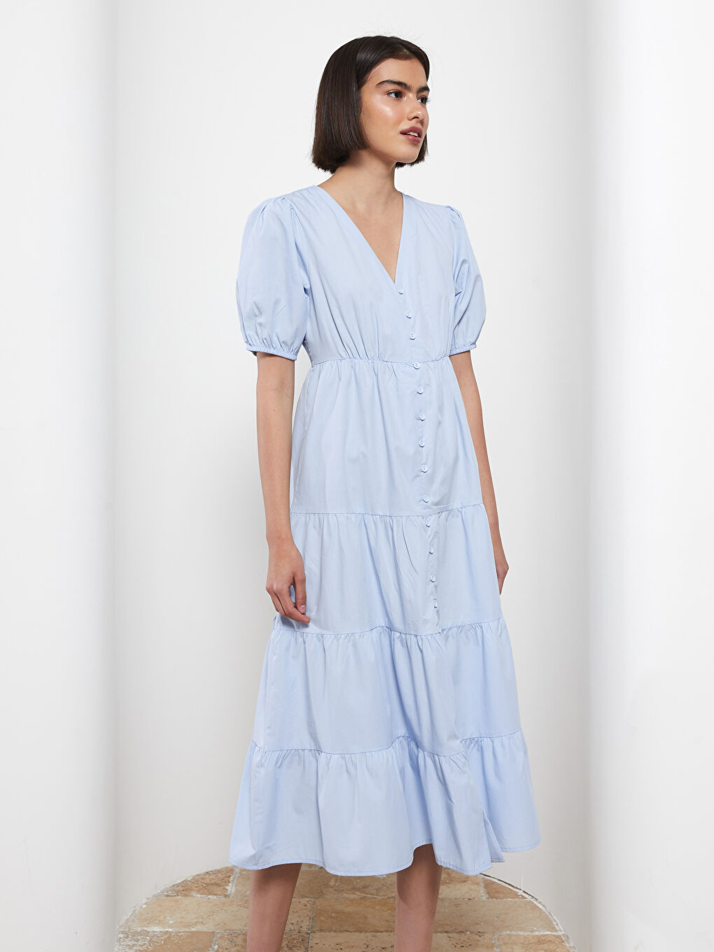 Robe Femme Popeline Coupe Droite Col V Manches Courtes-2