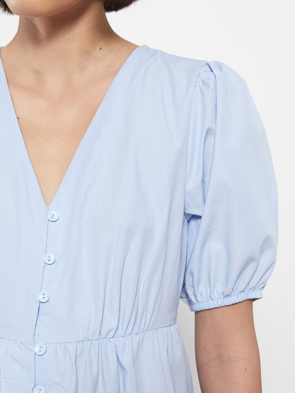 Robe Femme Popeline Coupe Droite Col V Manches Courtes-3