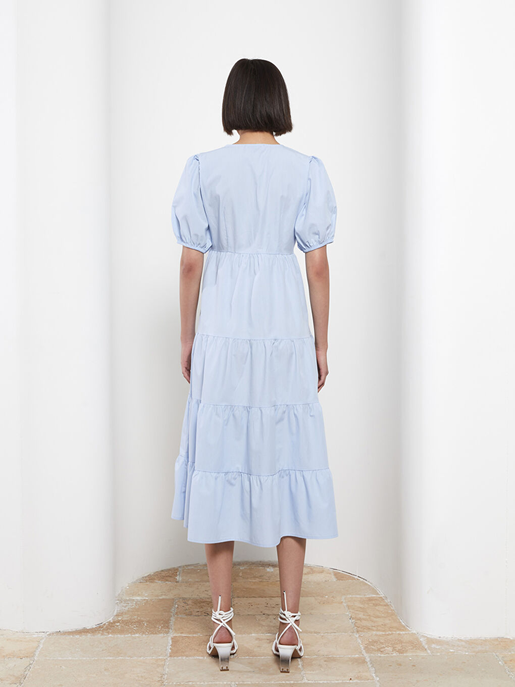 Robe Femme Popeline Coupe Droite Col V Manches Courtes-4