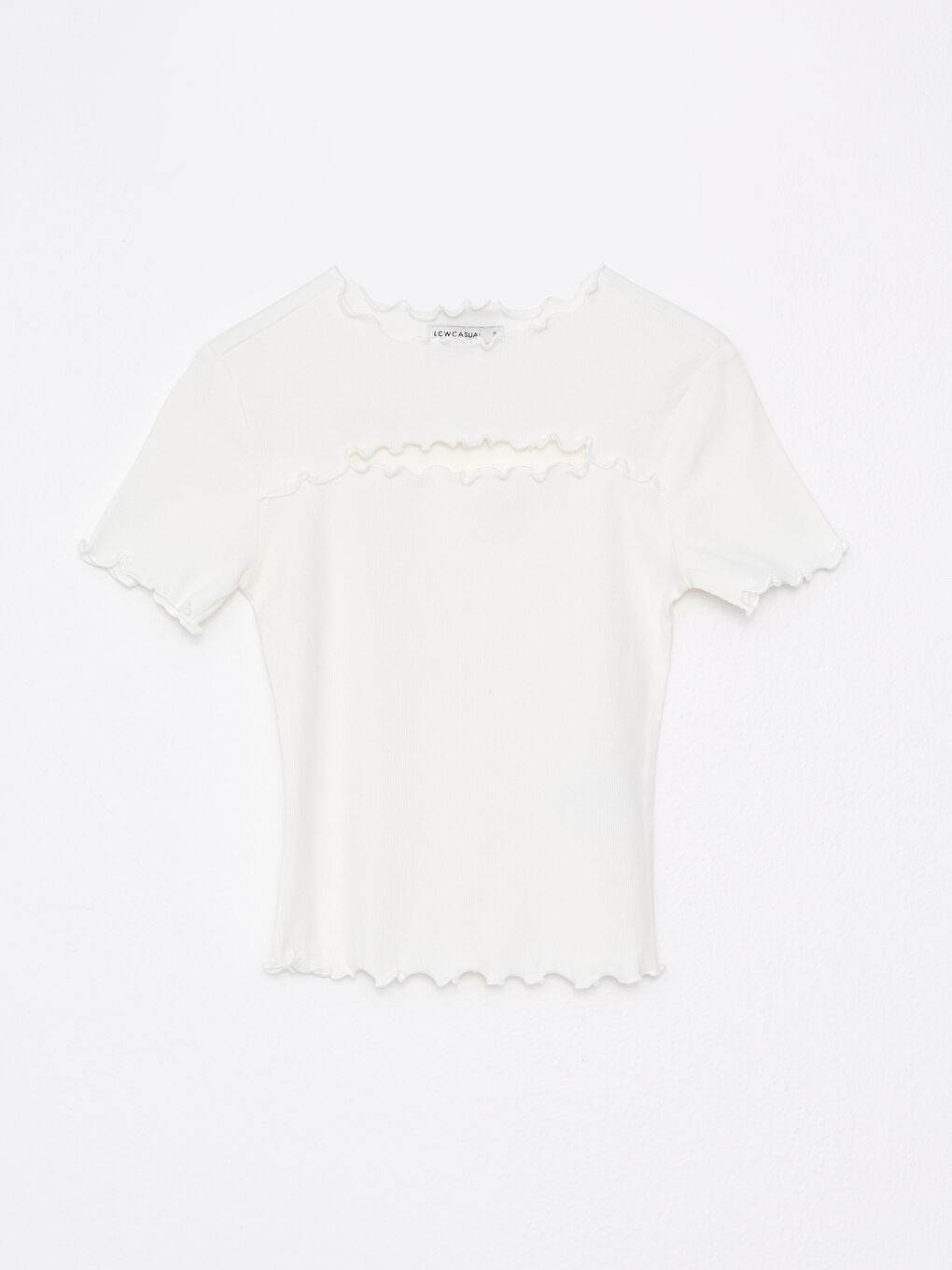 تيشيرت قطن كم قصير ياقة دائرية مستقيم بتفاصيل نافذة للسيدات-5