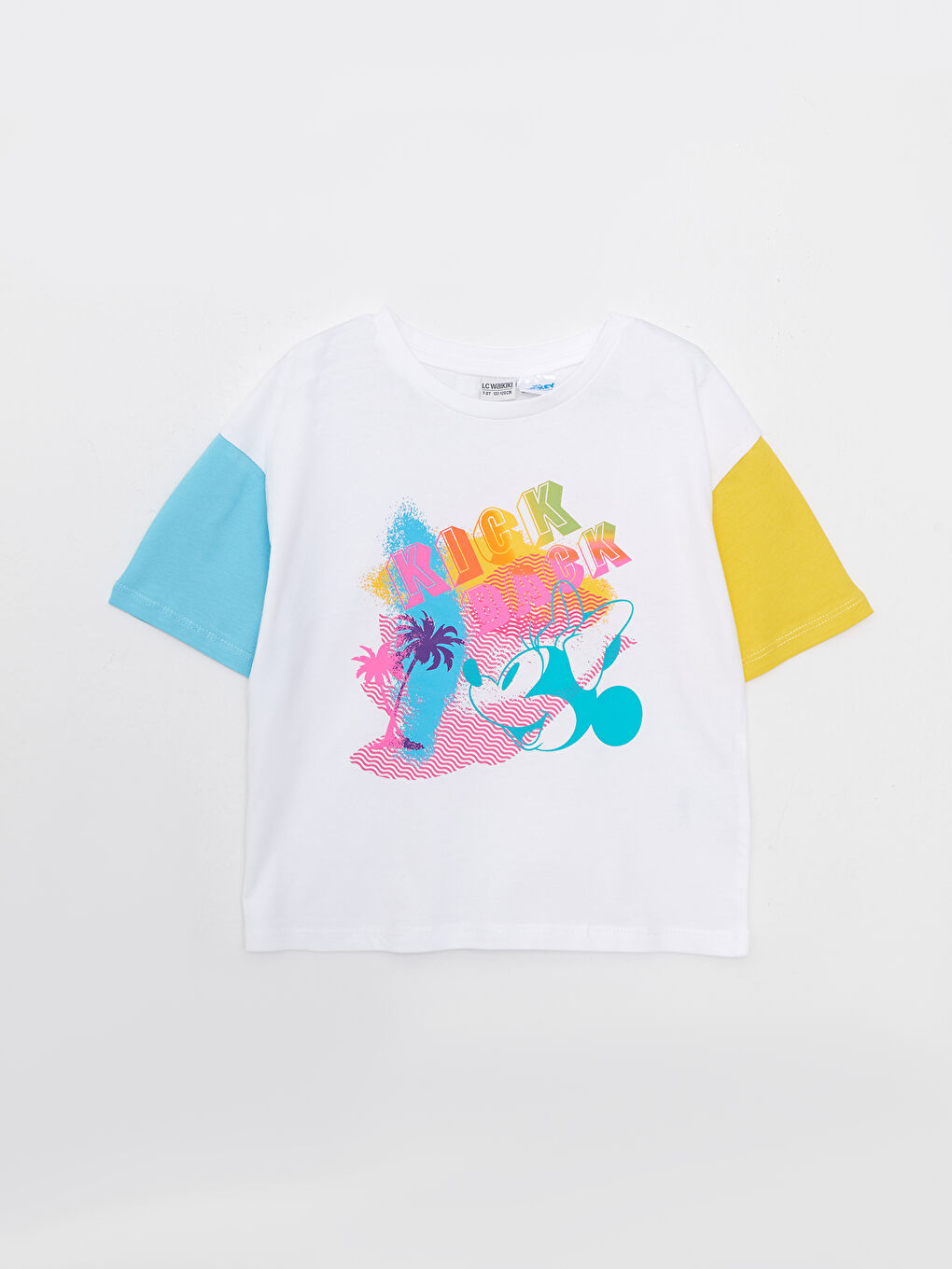 Beyaz Bisiklet Yaka Mickey Mouse Baskılı Kısa Kollu Pamuklu Kız Çocuk Tişört