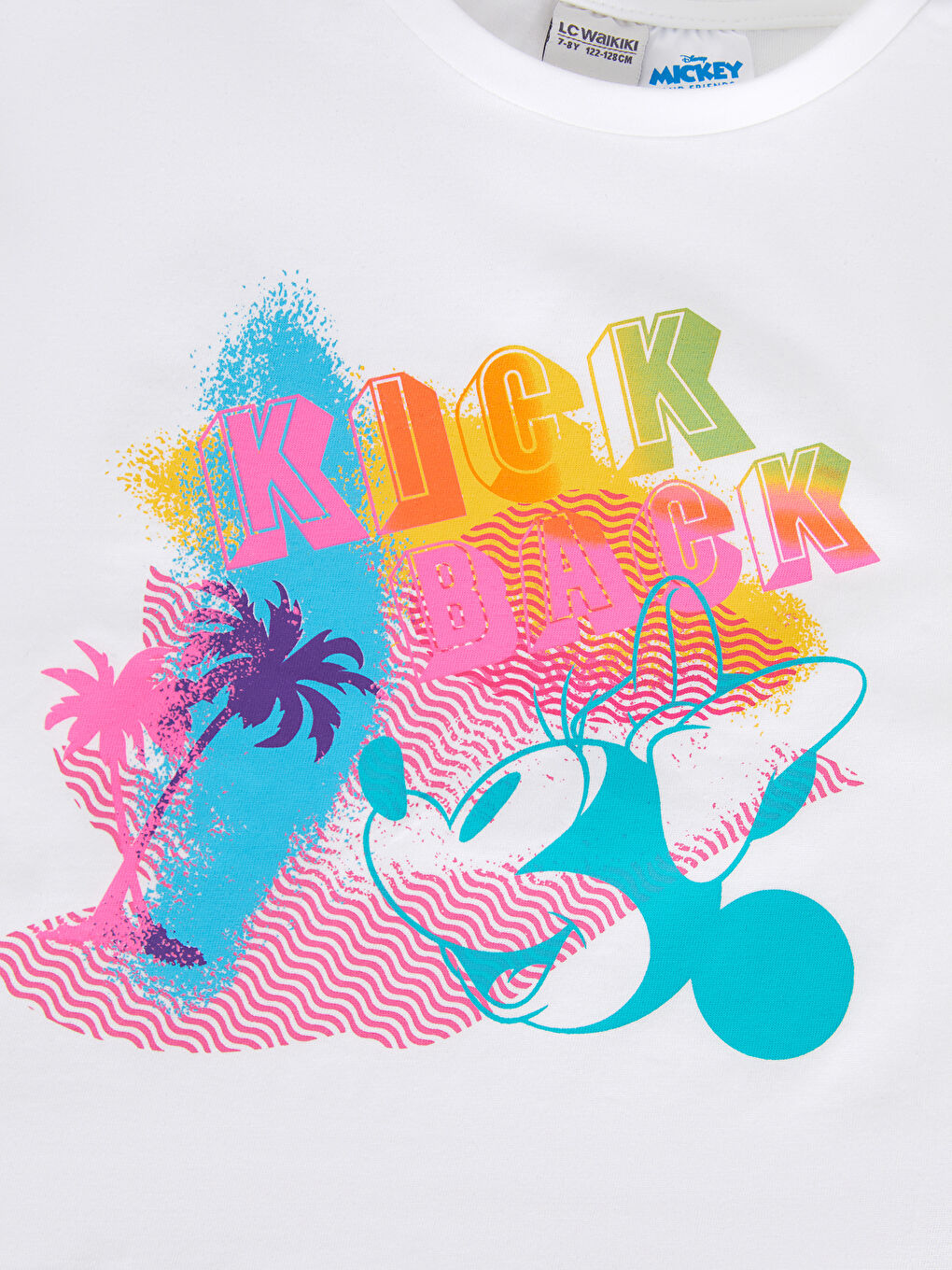 Beyaz Bisiklet Yaka Mickey Mouse Baskılı Kısa Kollu Pamuklu Kız Çocuk Tişört-2