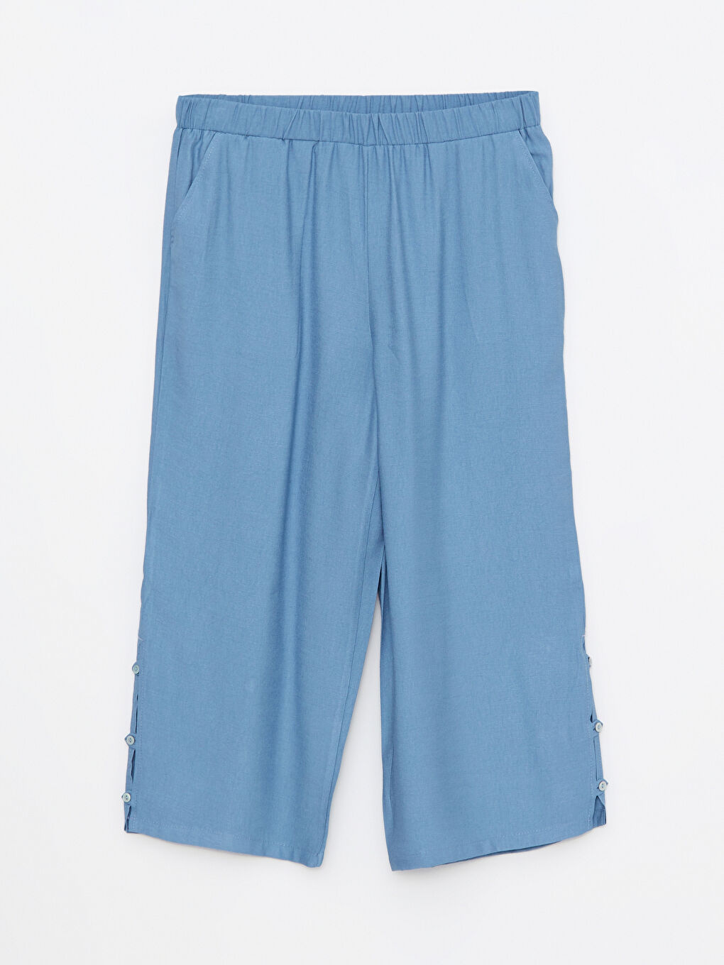 Mavi Beli Lastikli Rahat Kalıp Düz Cep Detaylı Kadın Kapri-5