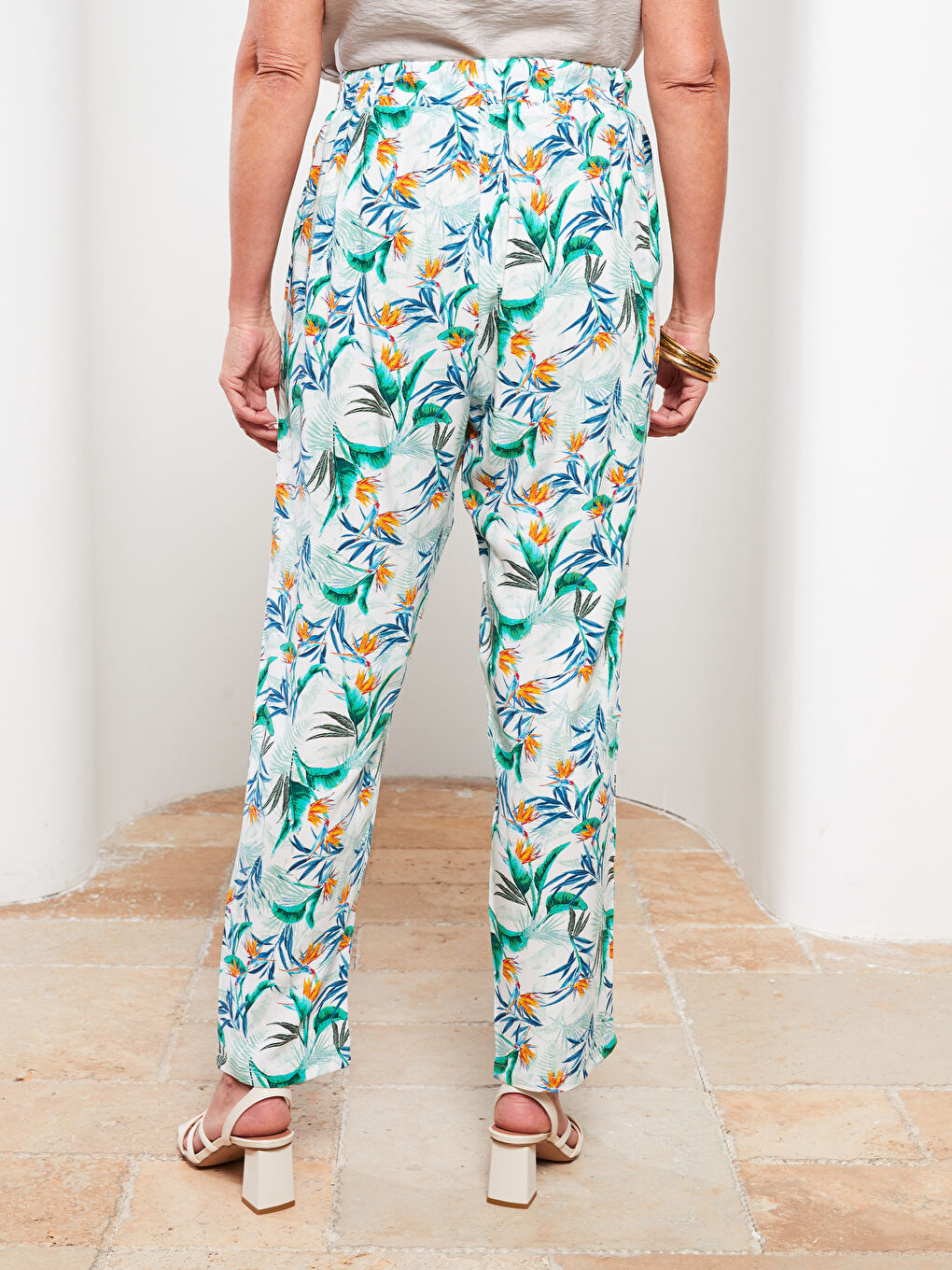 Elastic Waist Comfortable Pattern Patterned Viscose Women's Trousers-4