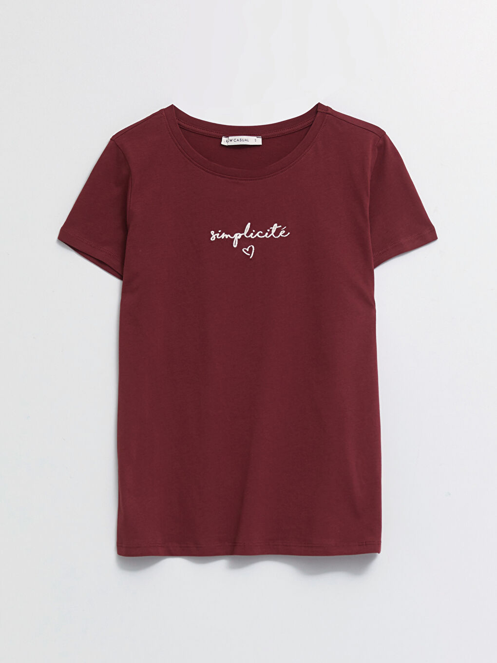 Bordo Bisiklet Yaka Baskılı Kısa Kollu Pamuklu Kadın Tişört