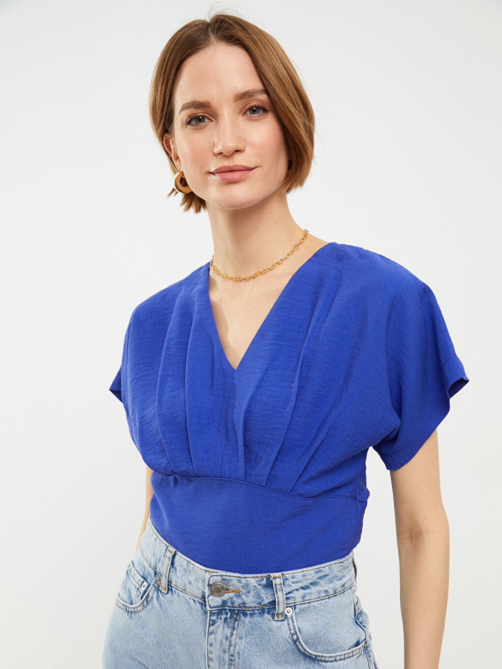 V-Neck Plain Short Sleeve Women's Blouse-1