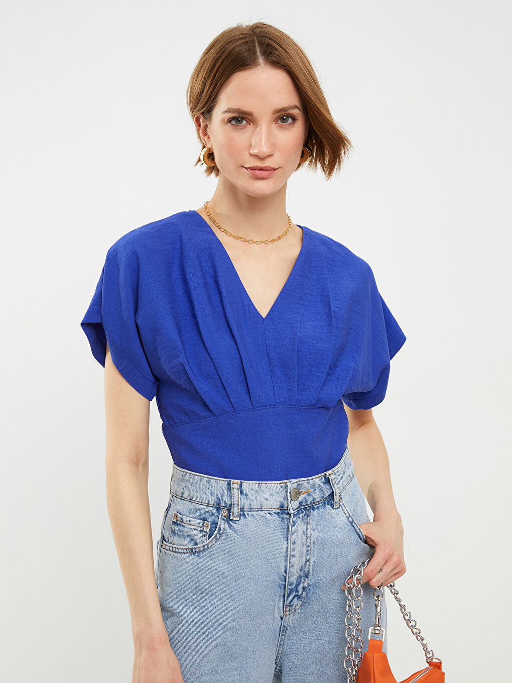 V-Neck Plain Short Sleeve Women's Blouse-2