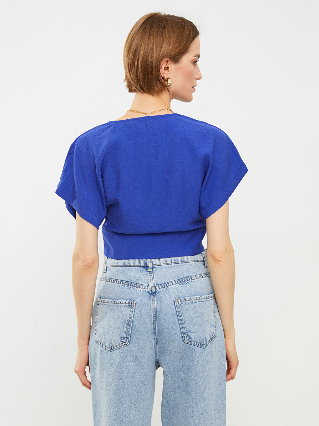 V-Neck Plain Short Sleeve Women's Blouse-4