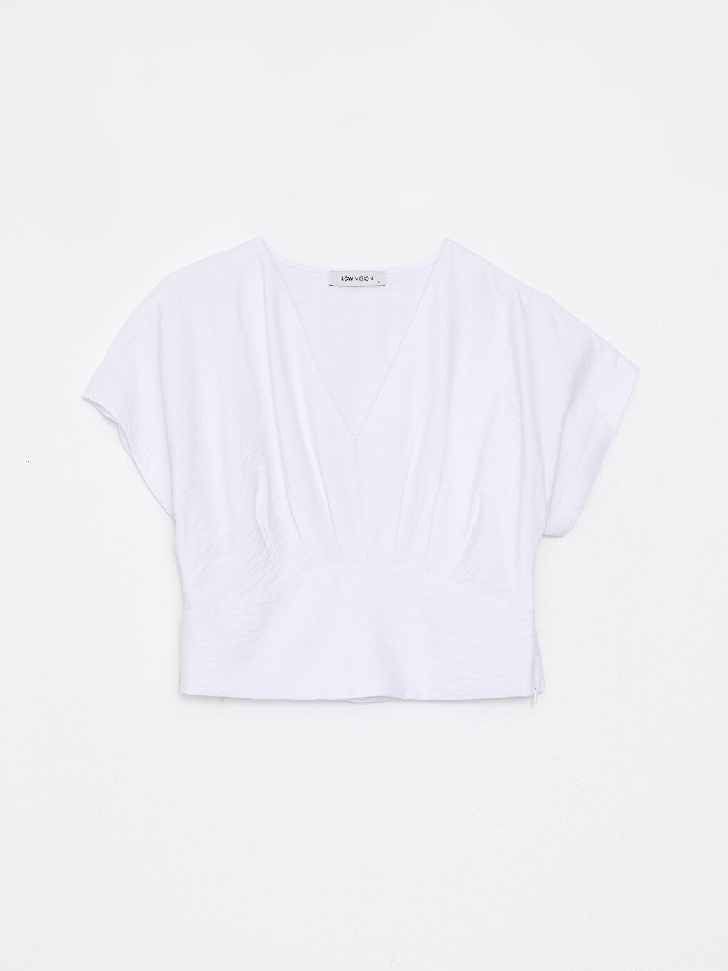 Beyaz V Yaka Düz Kısa Kollu Kadın Bluz-6