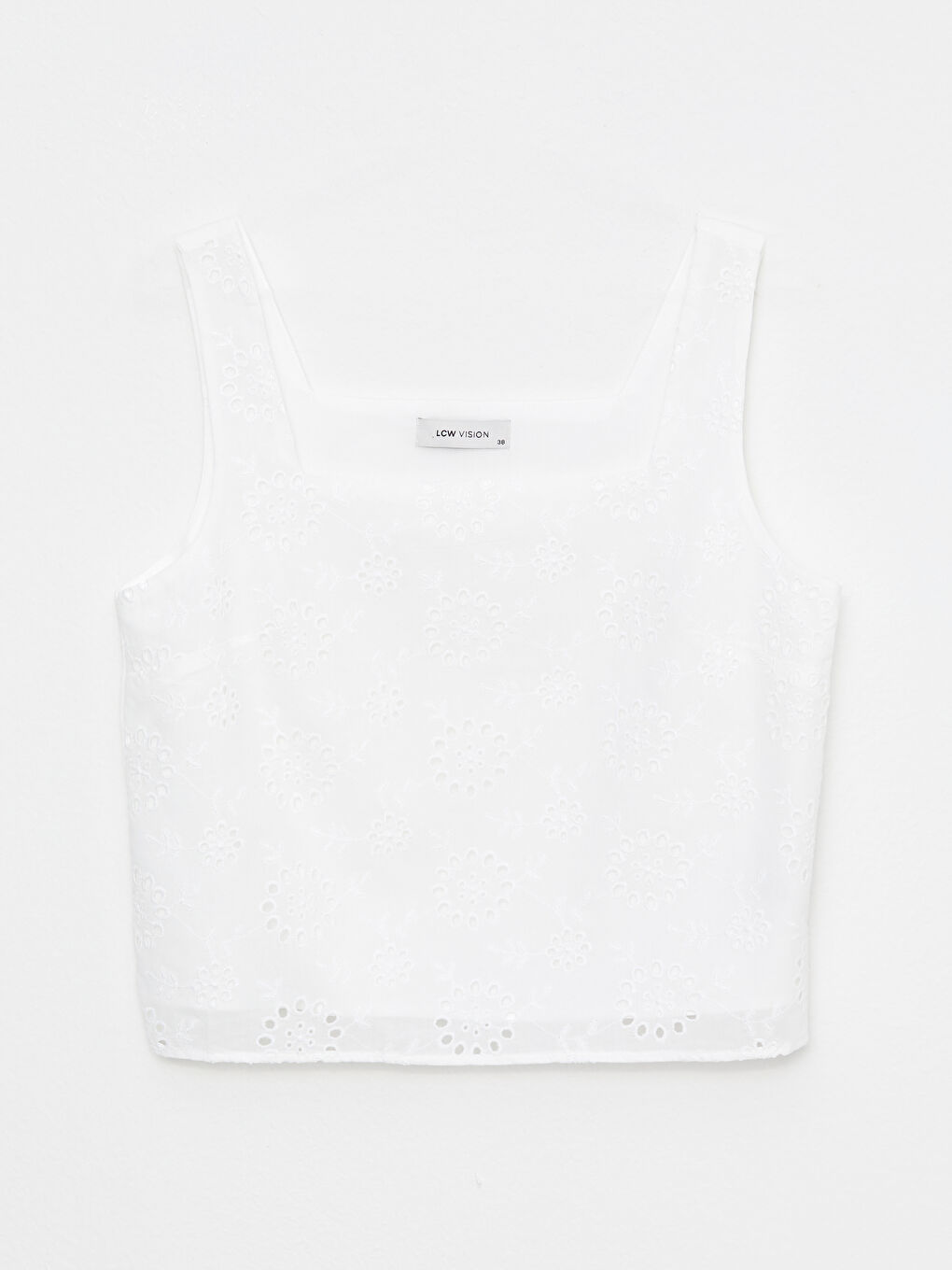 Beyaz Kadın Kare Yaka Nakışlı Kolsuz Bluz