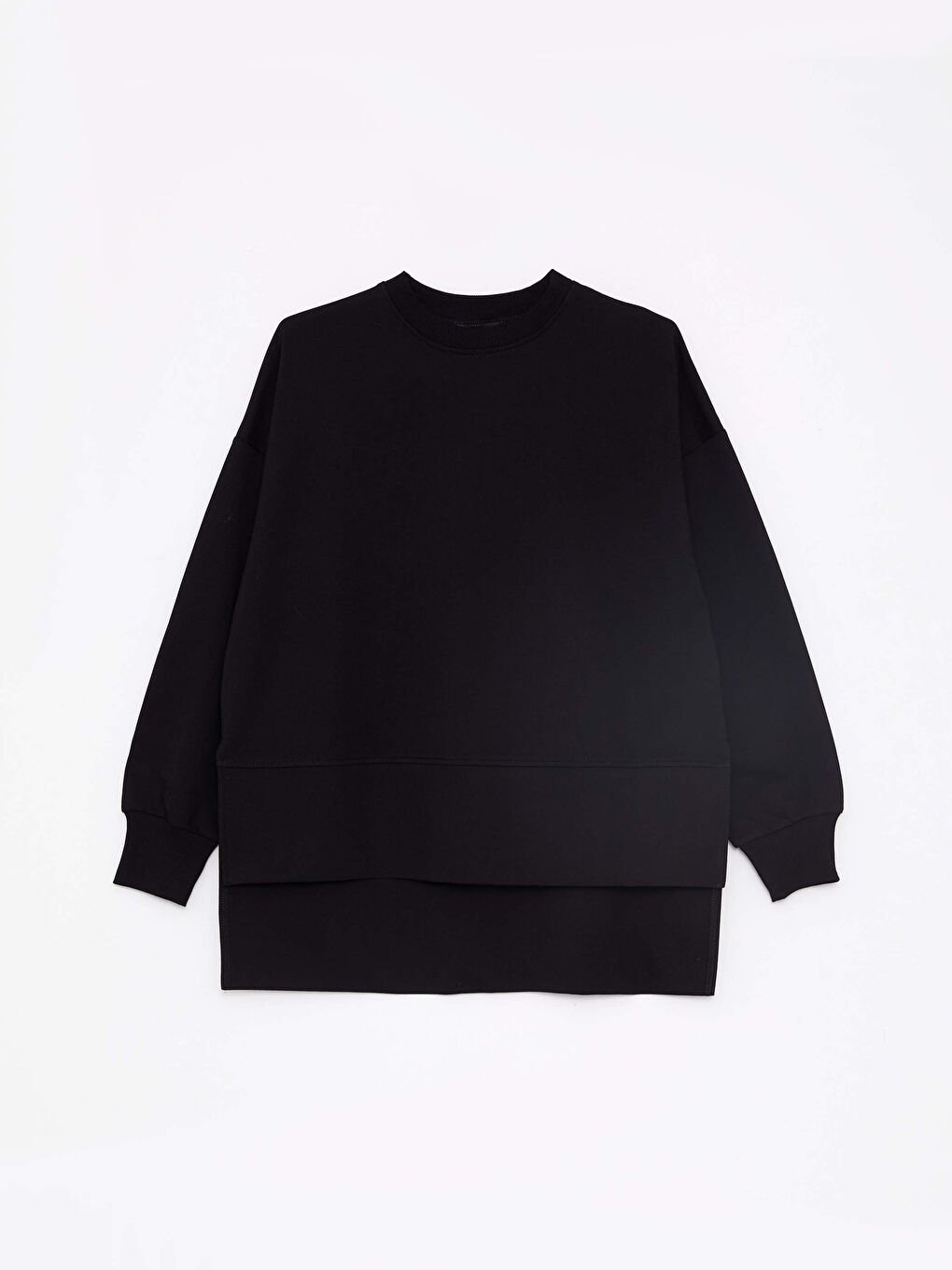 Siyah Bisiklet Yaka Düz Oversize Kadın Sweatshirt Tunik-5