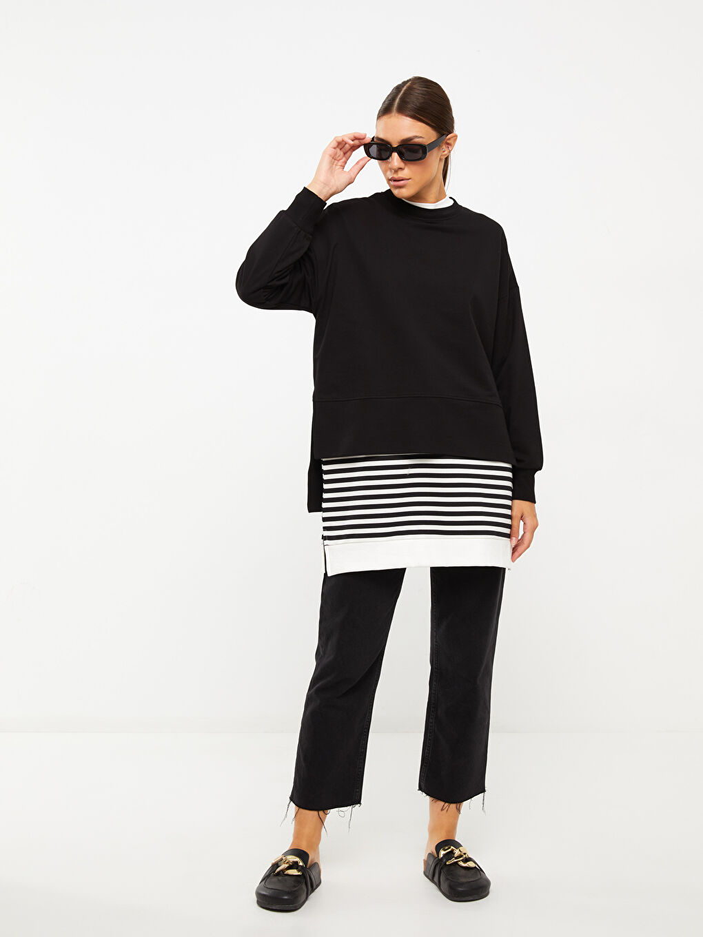 Siyah Bisiklet Yaka Düz Oversize Kadın Sweatshirt Tunik