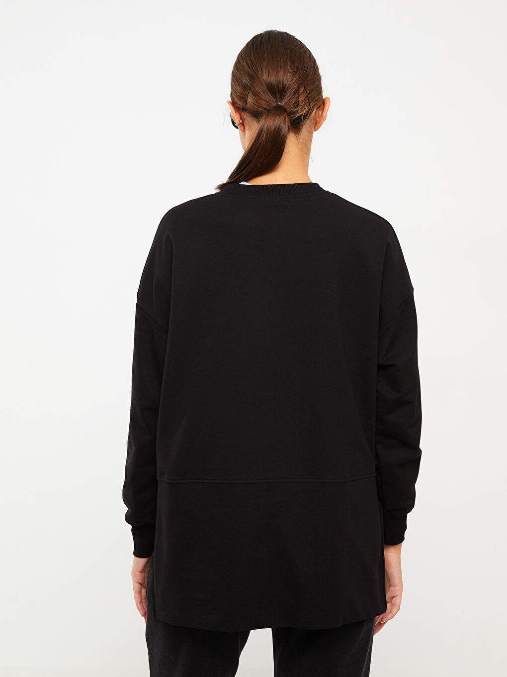 Siyah Bisiklet Yaka Düz Oversize Kadın Sweatshirt Tunik-4