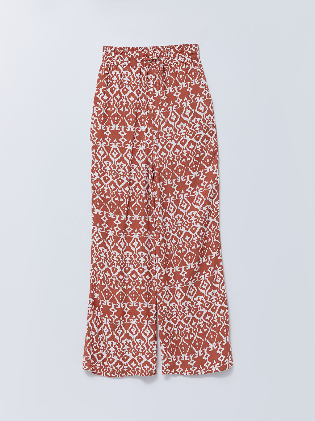 Kahverengi Beli Lastikli Rahat Kalıp Desenli Cep Detaylı Viskon Kadın Pantolon-5