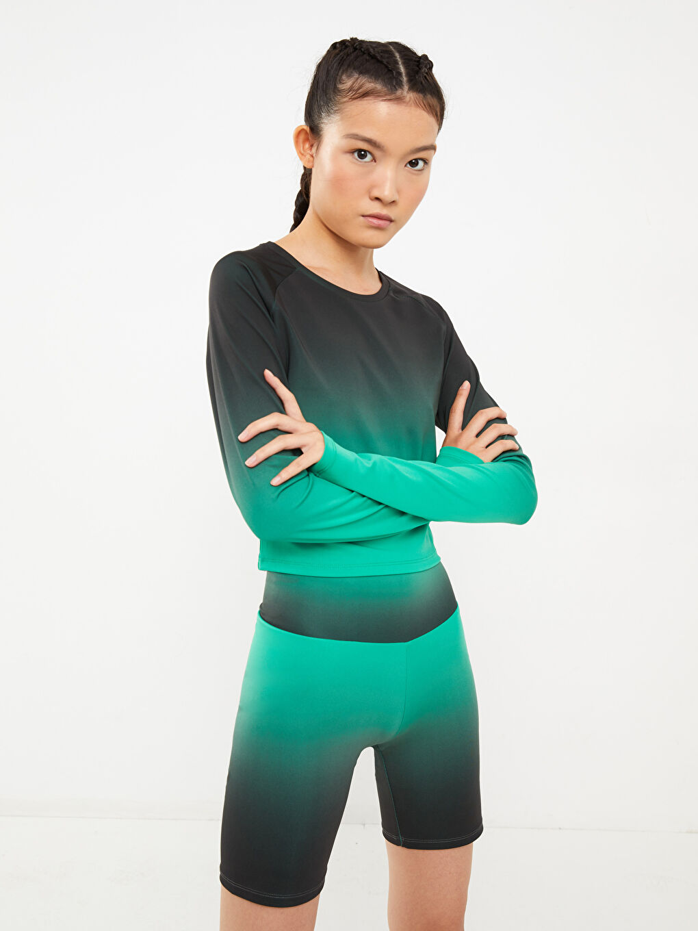 Кроп с круглым вырезом, цветовой блок, с длинным рукавом для женщин-1