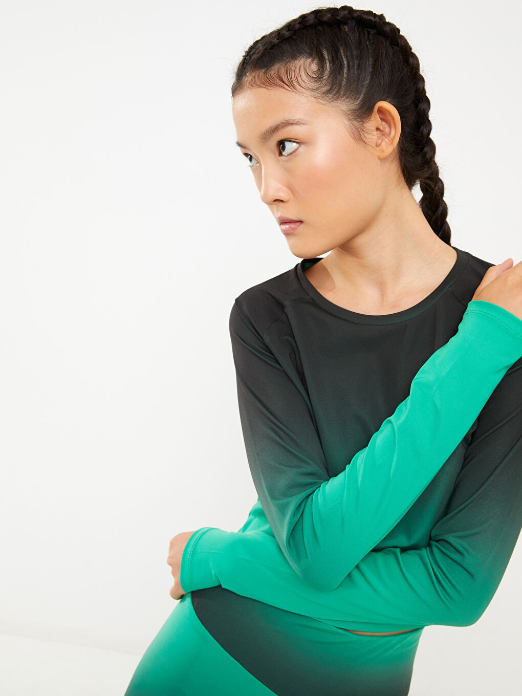 Кроп с круглым вырезом, цветовой блок, с длинным рукавом для женщин-3