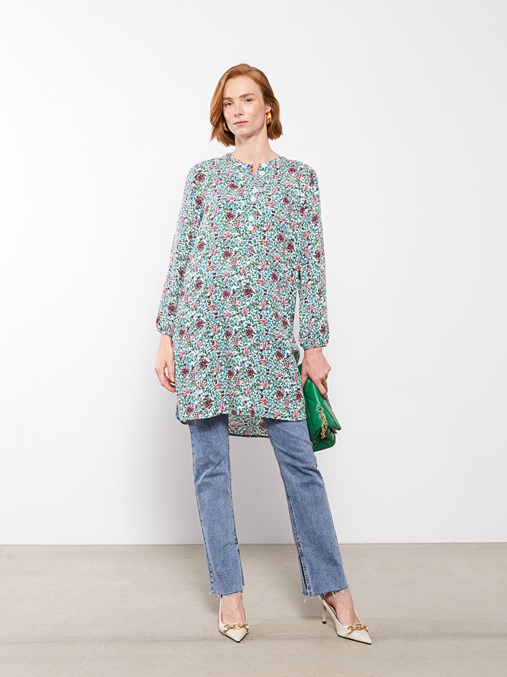 Crew Neck Floral Long Sleeve Viscose Women's Tunic