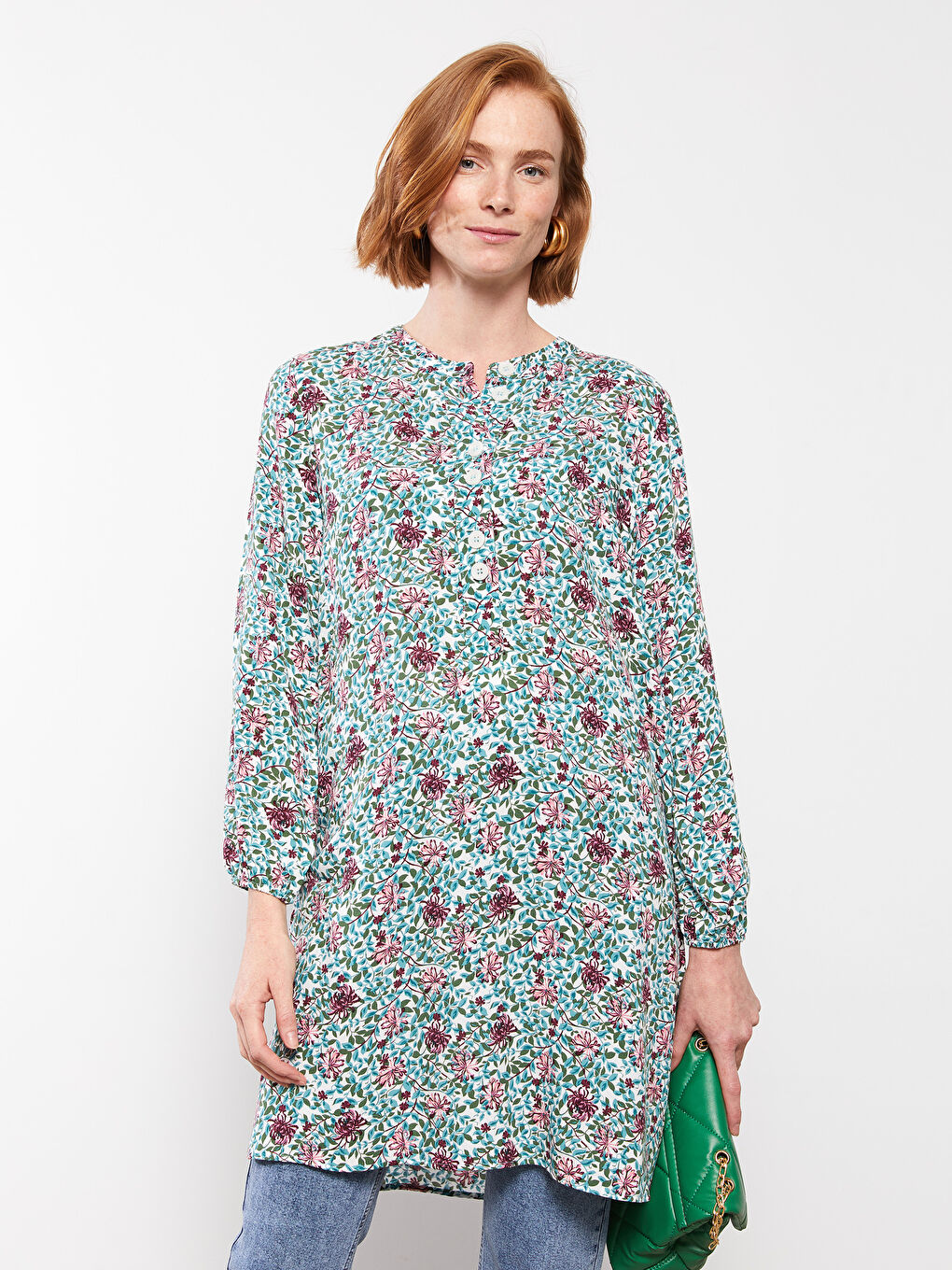 Crew Neck Floral Long Sleeve Viscose Women's Tunic-1