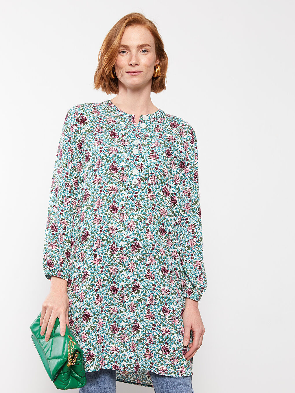 Crew Neck Floral Long Sleeve Viscose Women's Tunic-2