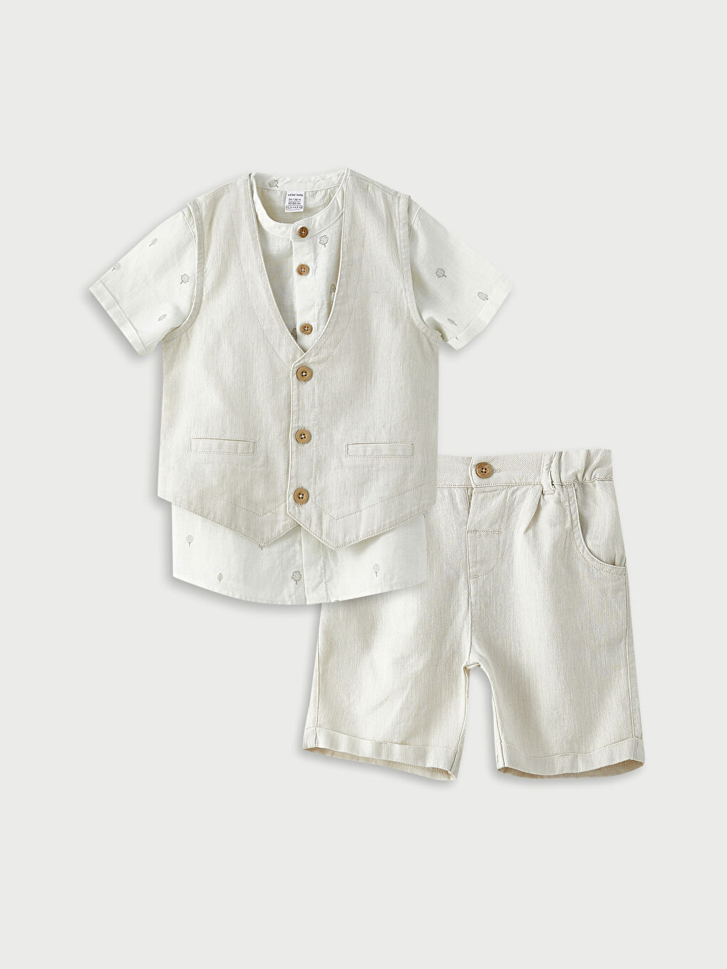 Bej Hakim Yaka Kısa Kollu Baskılı Erkek Bebek Gömlek Yelek ve Şort 3'lü Takım