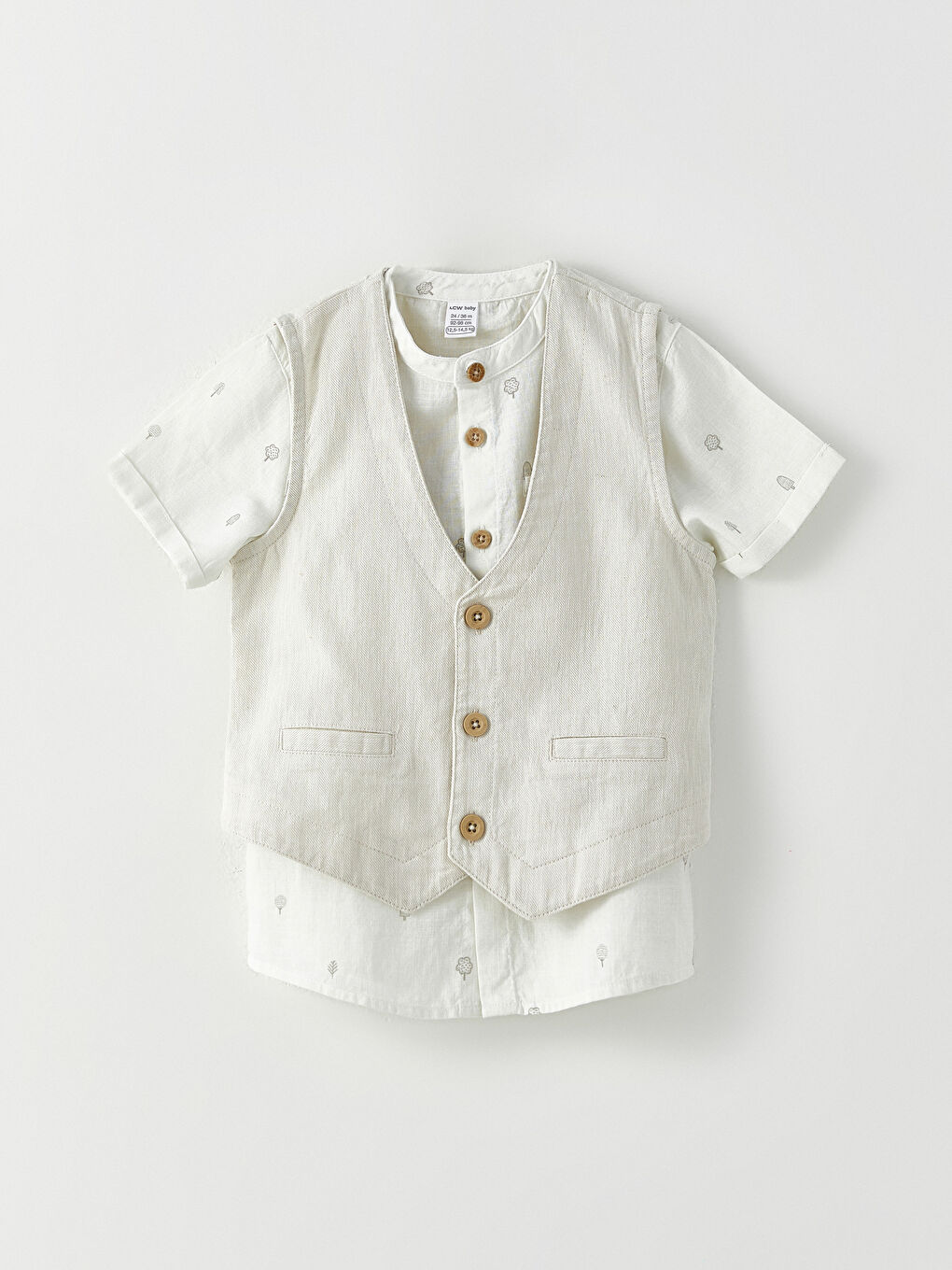 Bej Hakim Yaka Kısa Kollu Baskılı Erkek Bebek Gömlek Yelek ve Şort 3'lü Takım-1