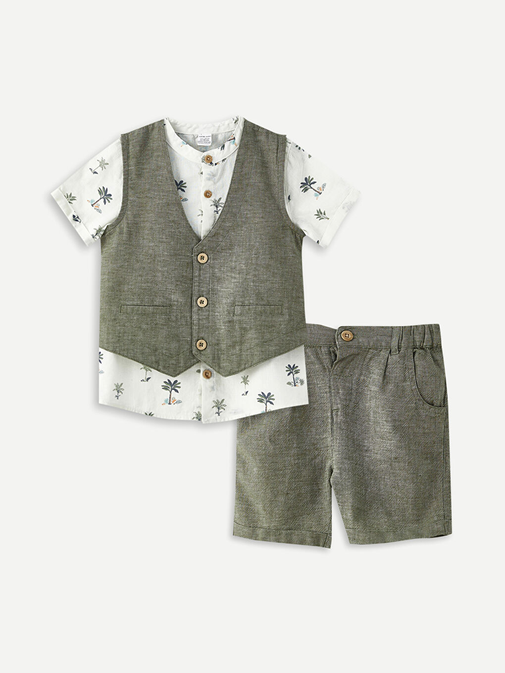 Grandad Collar Short Sleeve Printed Baby Boy Shirt Vest and Shorts 3-Pack Set