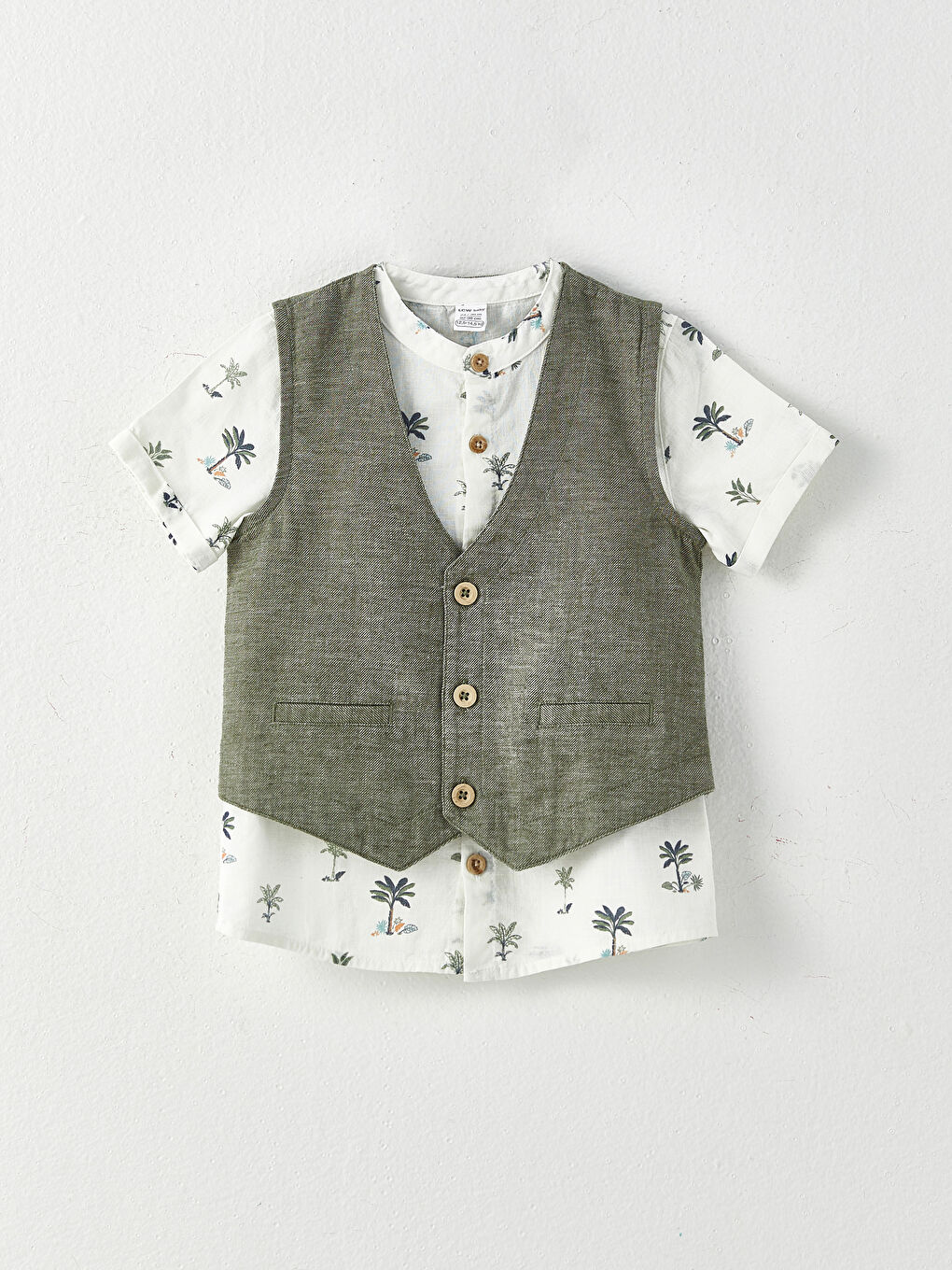 Grandad Collar Short Sleeve Printed Baby Boy Shirt Vest and Shorts 3-Pack Set-1