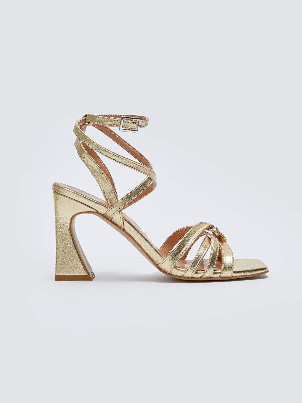 Sarı Deri Görünümlü Çapraz Bantlı Kadın Topuklu Ayakkabı-1