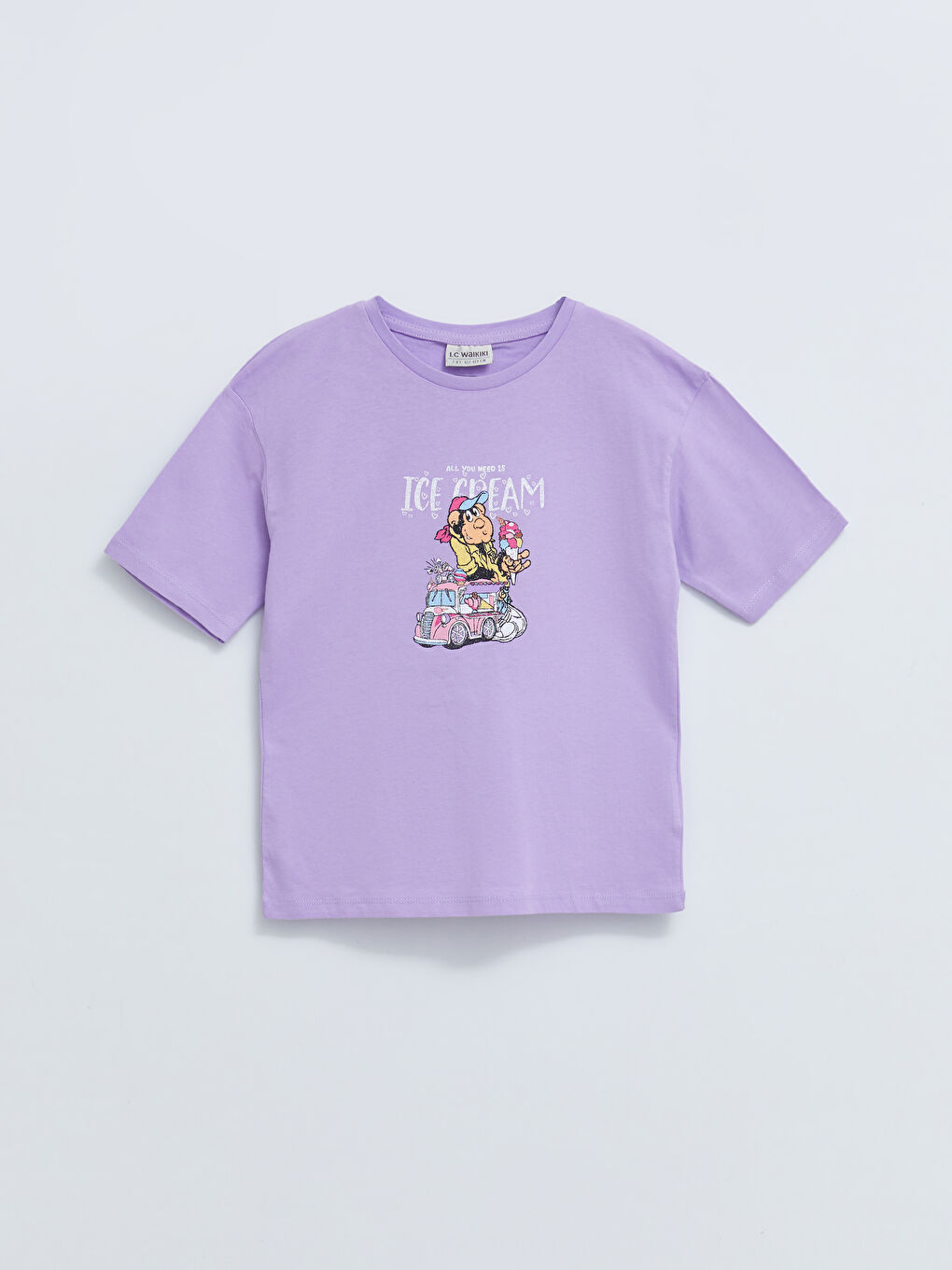 Lila Bisiklet Yaka Nostaljik Maymun Baskılı Kısa Kollu Pamuklu Kız Çocuk Tişört