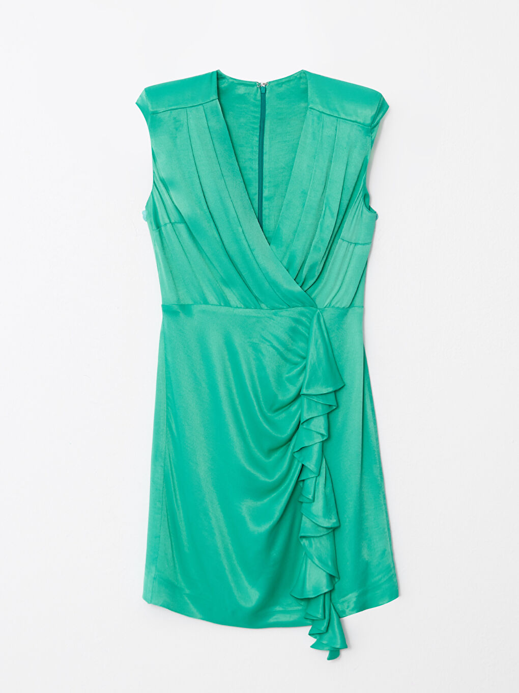 Yeşil Kruvaze Yaka Düz Saten Elbise-6