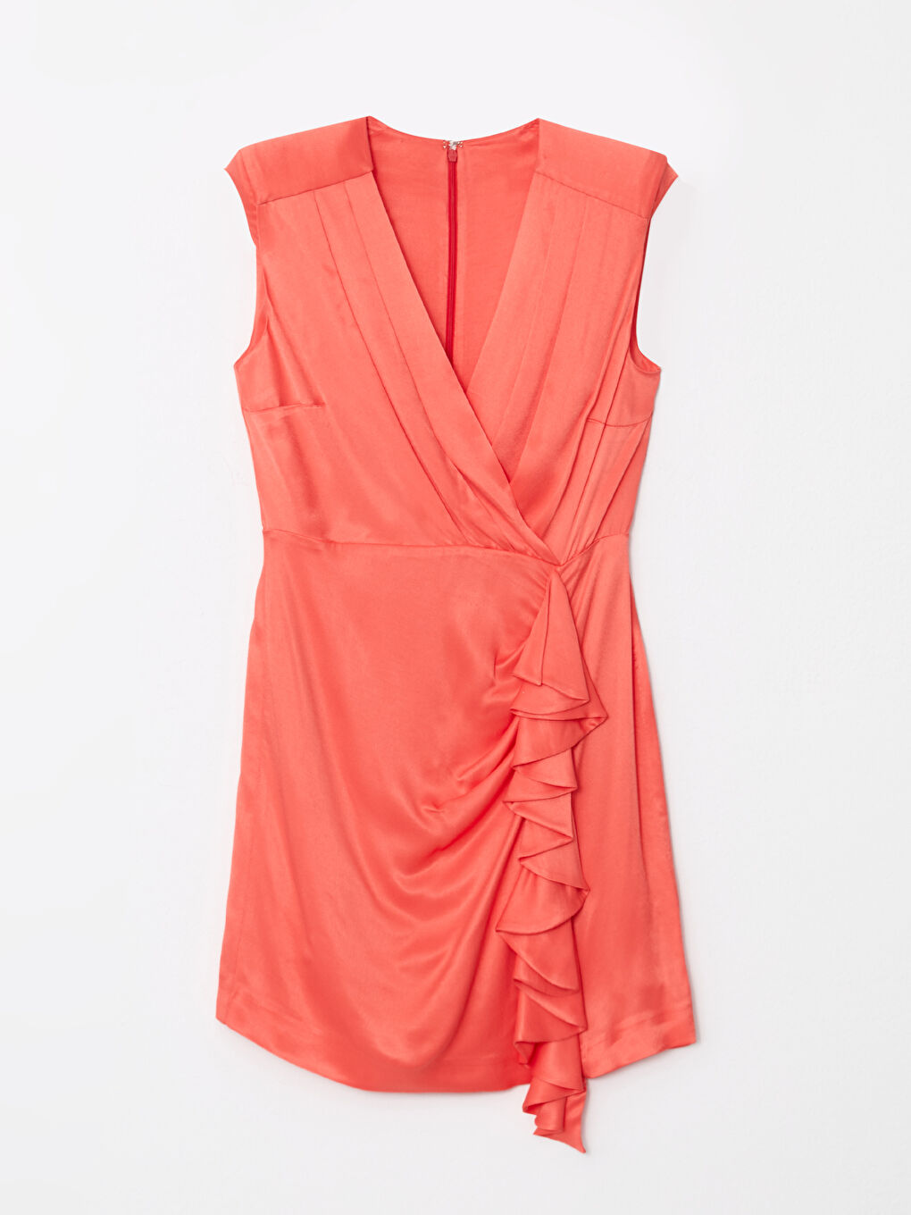 Turuncu Kruvaze Yaka Düz Saten Elbise-5