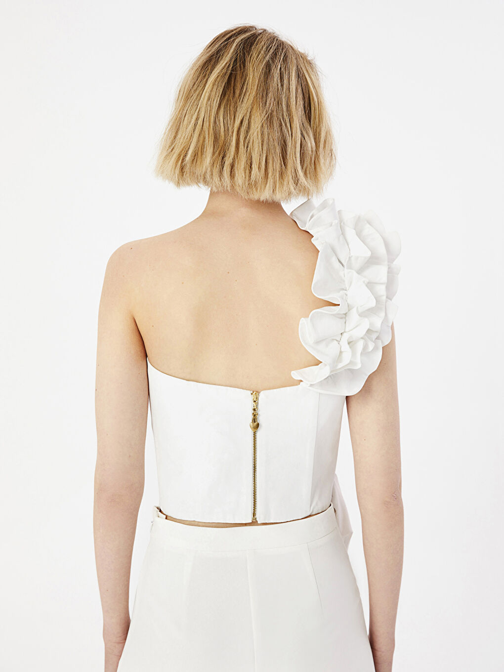 Beyaz Kadın Tek Omuz Düz Bluz-6