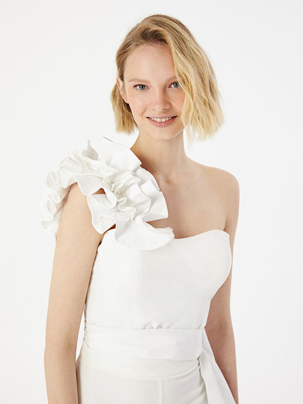 Beyaz Kadın Tek Omuz Düz Bluz-2