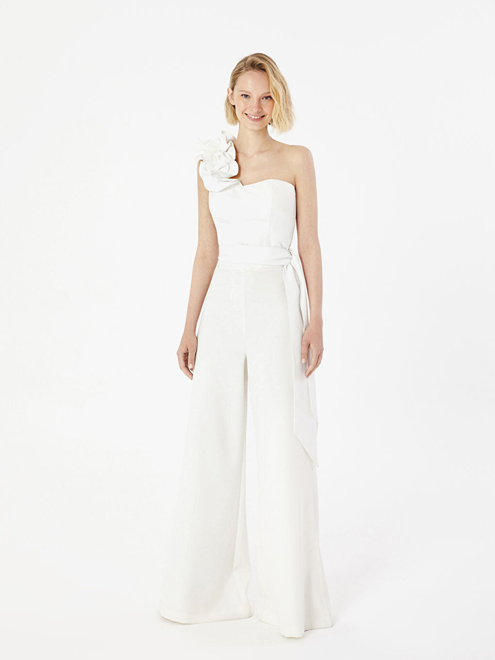 Beyaz Kadın Tek Omuz Düz Bluz-3