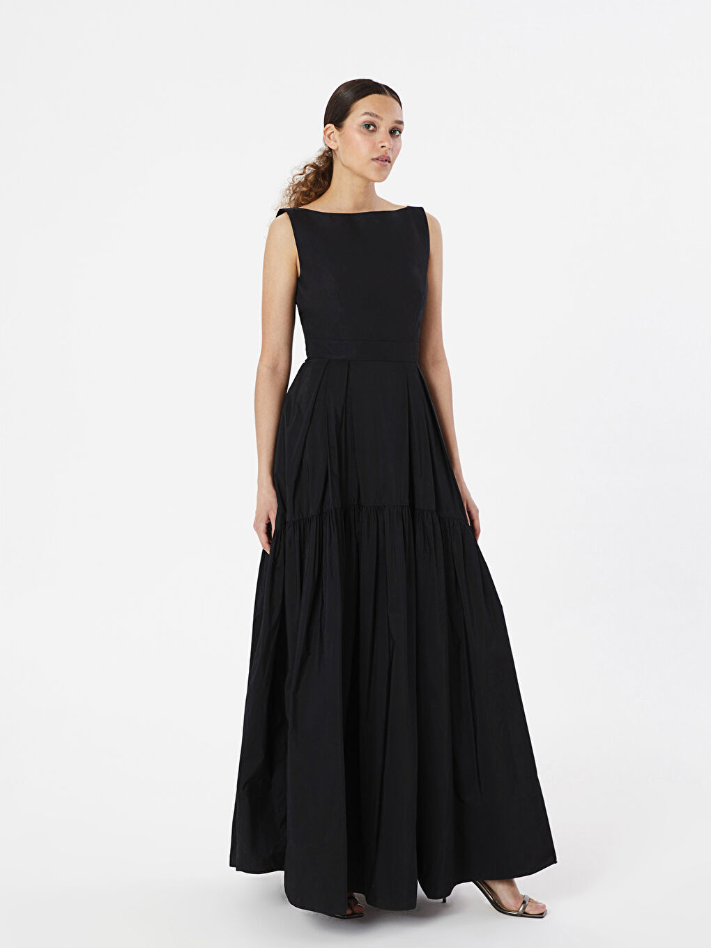 Siyah Kadın Kayık Yaka Düz Elbise-3