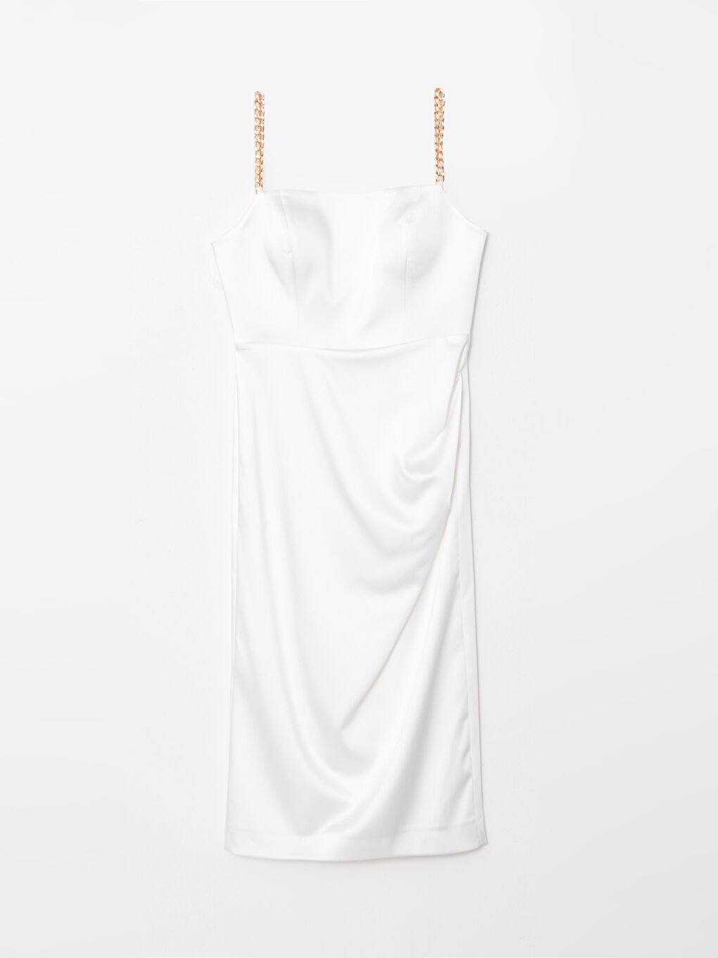 Beyaz Kare Yaka Düz Askılı Saten Kadın Elbise-5