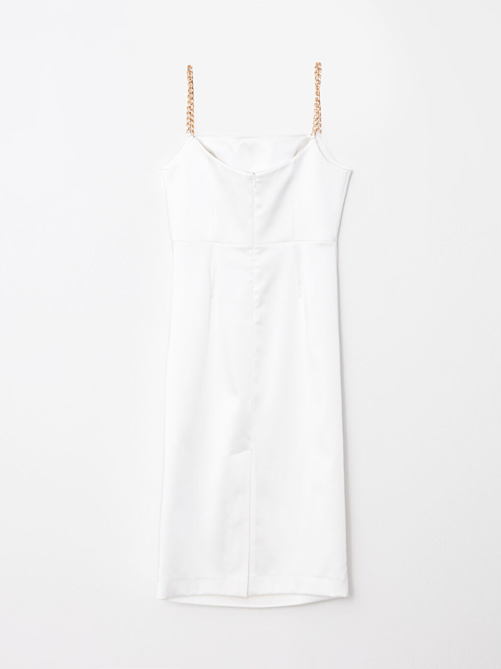 Beyaz Kare Yaka Düz Askılı Saten Kadın Elbise-6