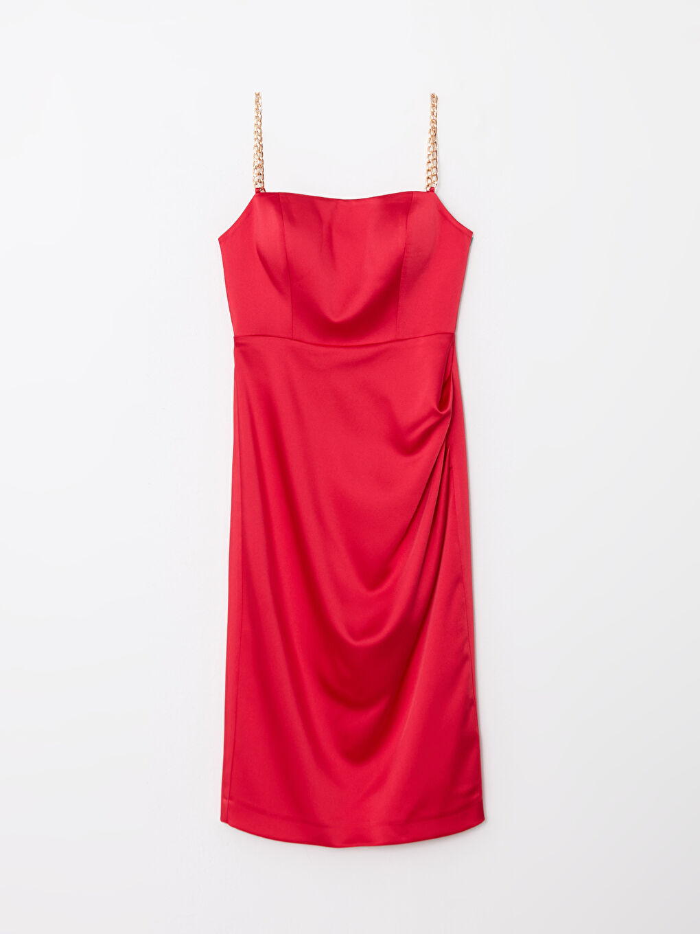 Kırmızı Kare Yaka Düz Askılı Saten Kadın Elbise-6