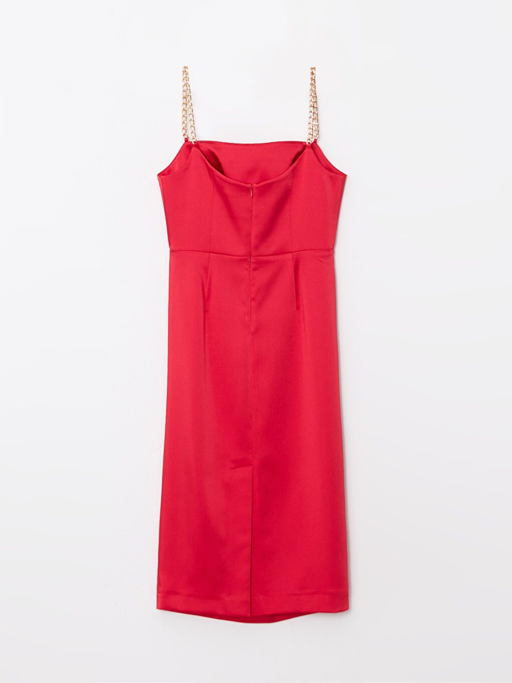 Kırmızı Kare Yaka Düz Askılı Saten Kadın Elbise-7