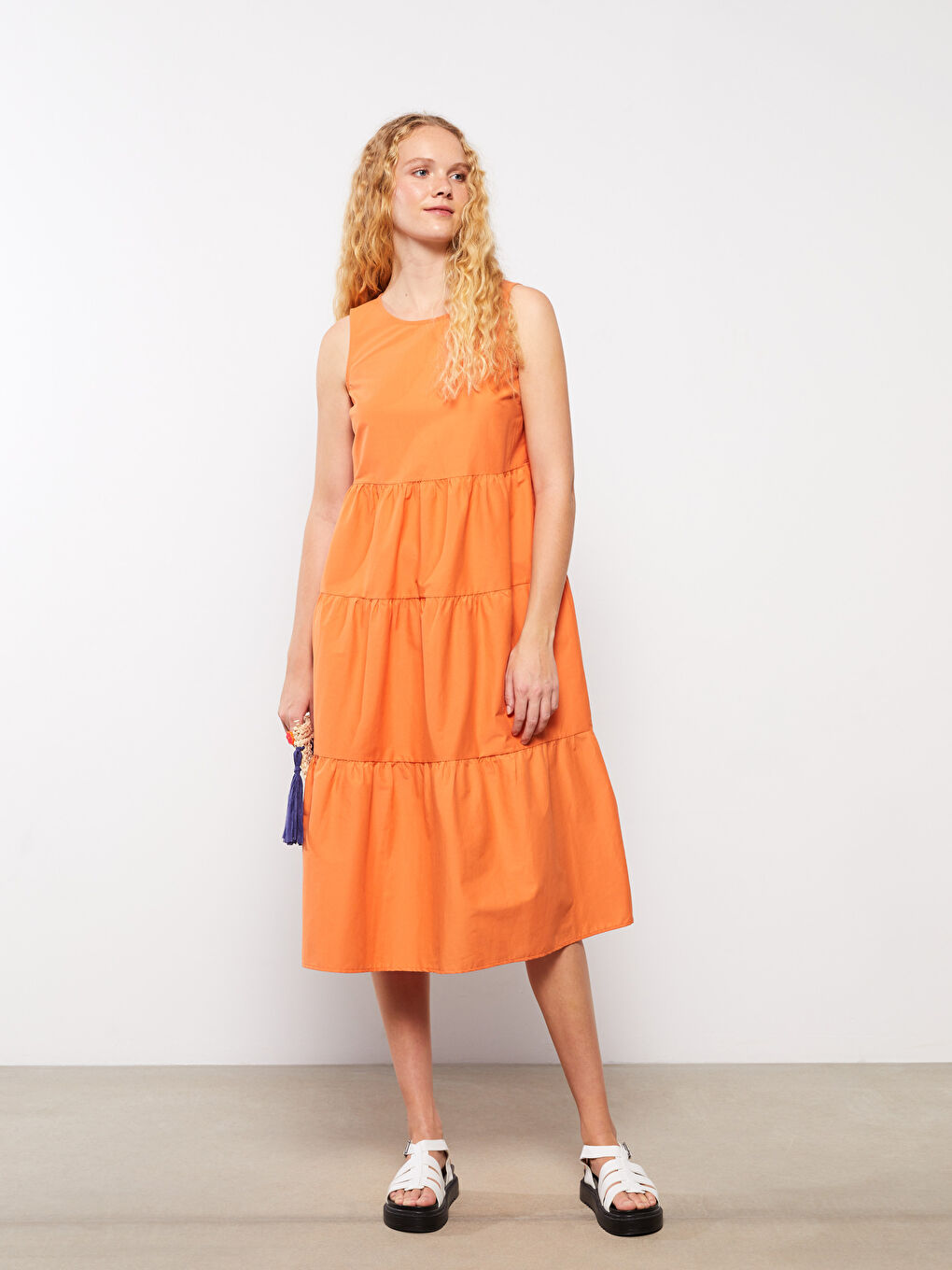 Turuncu Kadın Bisiklet Yaka Düz Kolsuz Elbise