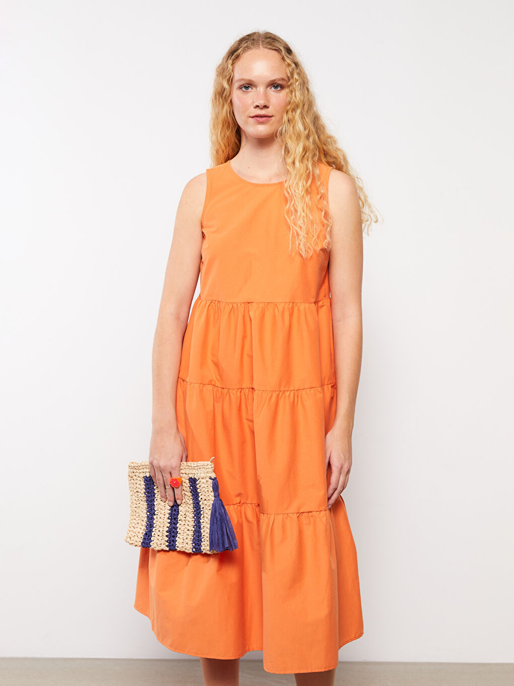 Turuncu Kadın Bisiklet Yaka Düz Kolsuz Elbise-1