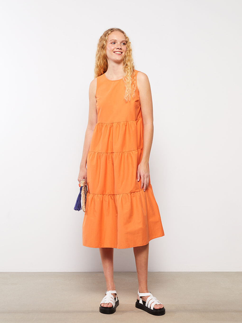 Turuncu Kadın Bisiklet Yaka Düz Kolsuz Elbise-2