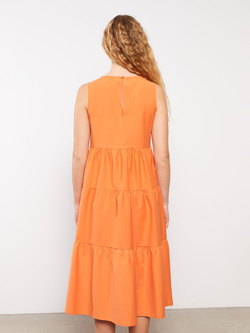 Turuncu Kadın Bisiklet Yaka Düz Kolsuz Elbise-4