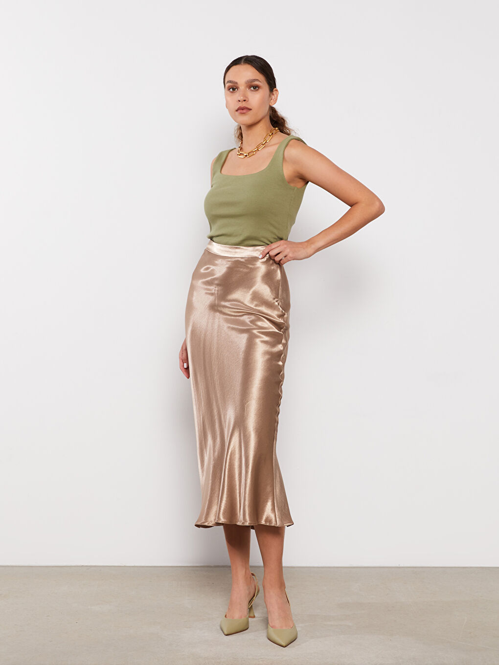 Yeşil Kadın Kare Yaka Düz Crop-2