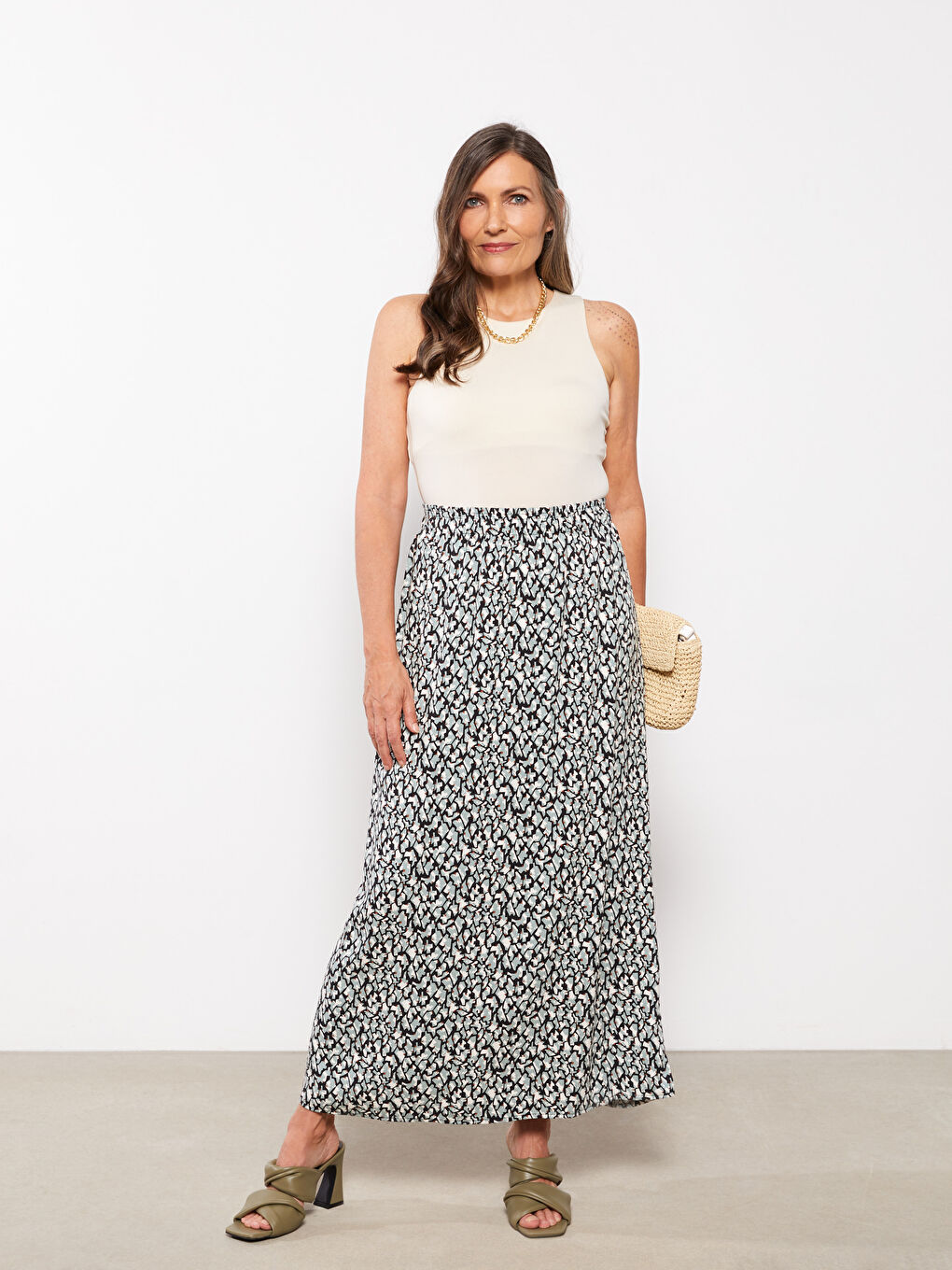 Karışık Beli Lastikli Desenli Viskon Kadın Etek