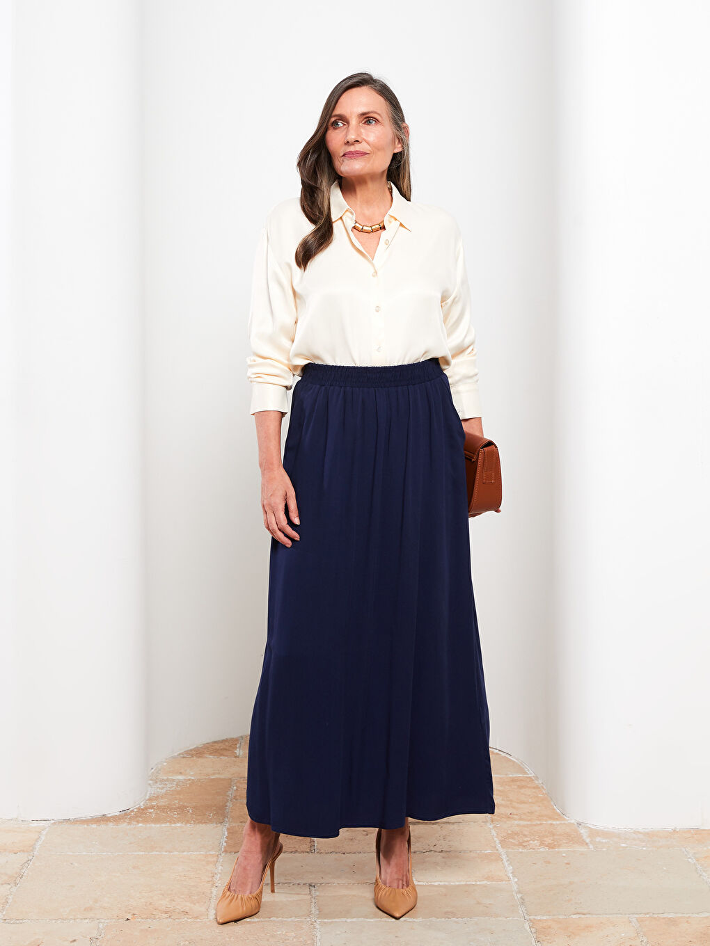 Lacivert Beli Lastikli Düz A Kesim Belmando Kadın Etek-1