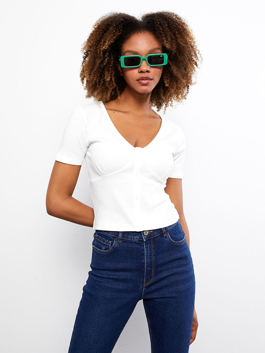 V-Neck Plain Short Sleeve Women's T-Shirt