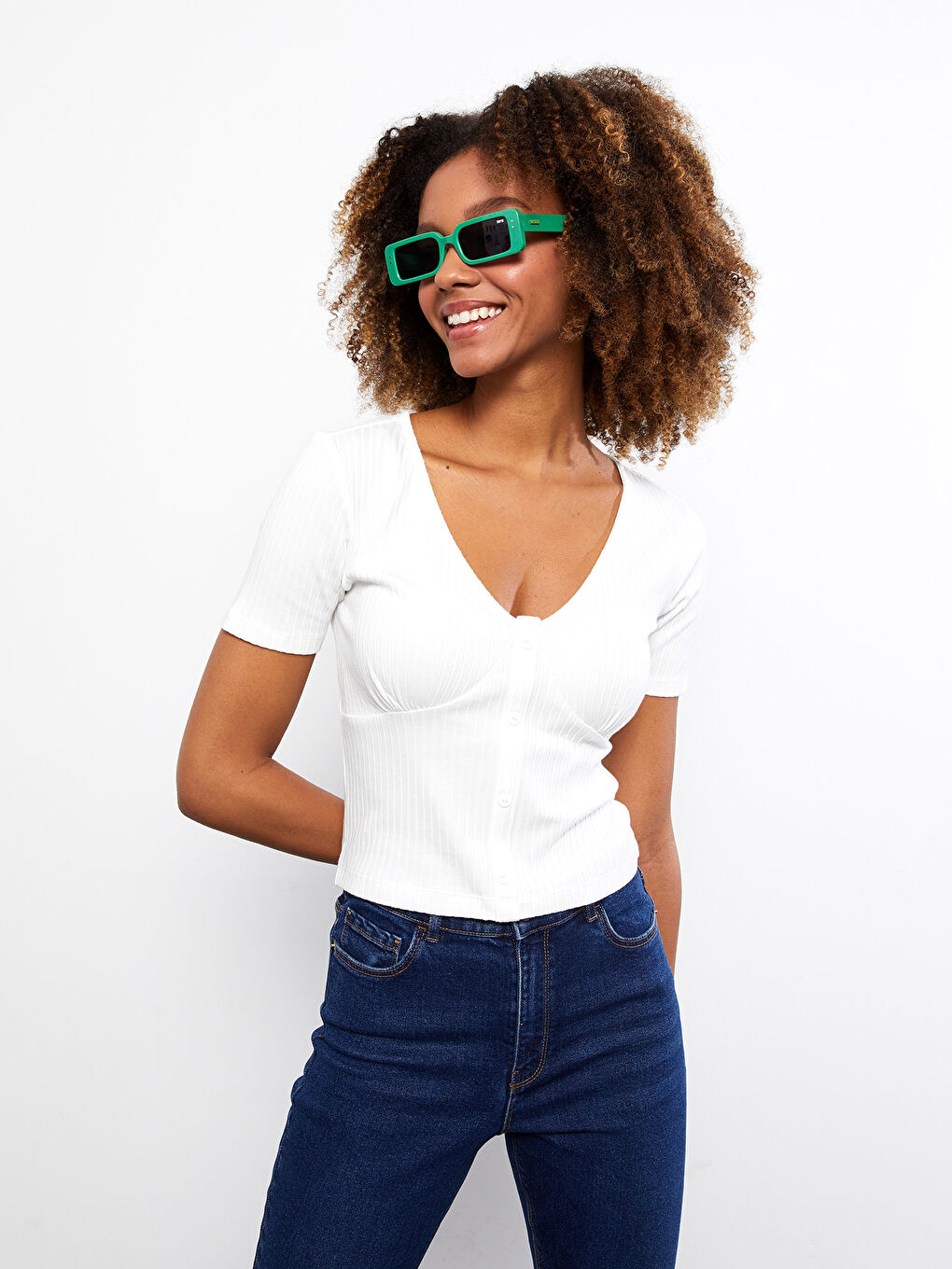 V-Neck Plain Short Sleeve Women's T-Shirt-1